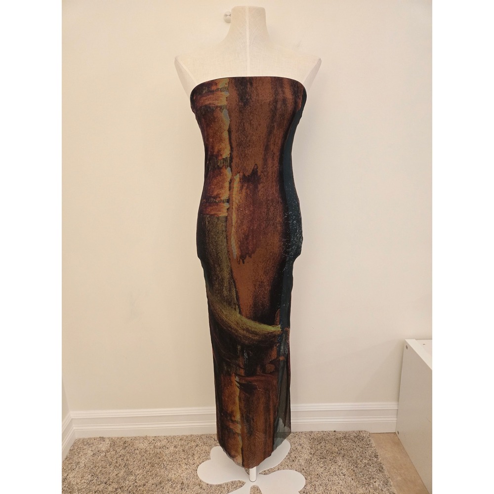 Zara Women Abstract Oil Painting Print Mesh Strapless Tube Bodycon Maxi Dress S